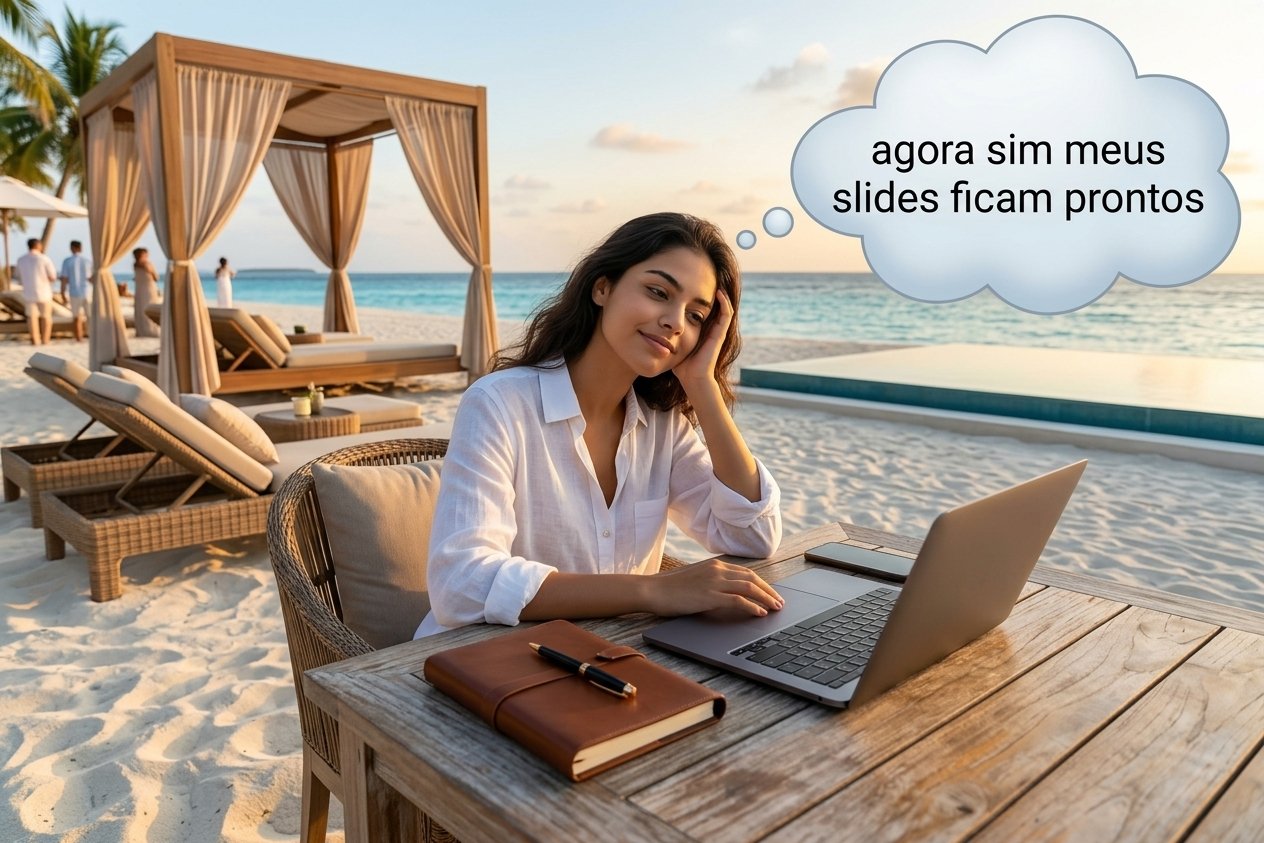 Mulher relaxada trabalhando na praia com o laptop, com os slides prontos
